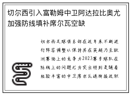 切尔西引入富勒姆中卫阿达拉比奥尤加强防线填补席尔瓦空缺