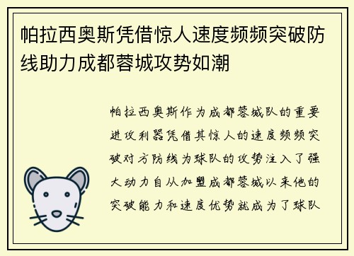 帕拉西奥斯凭借惊人速度频频突破防线助力成都蓉城攻势如潮