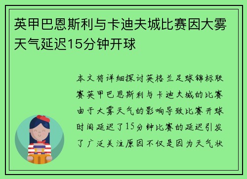 英甲巴恩斯利与卡迪夫城比赛因大雾天气延迟15分钟开球